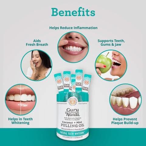 GuruNanda Travel Sachets Coconut Oil Pulling, 28 Pack of Essential Oils & Vitamins for Fresh Breath & Whitening