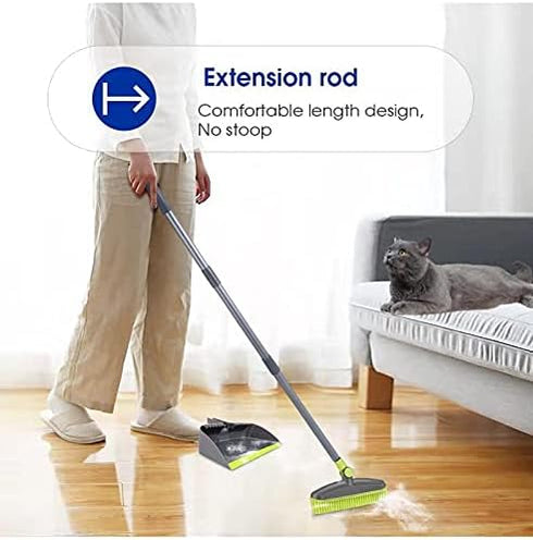 Adjustable Rubber Push Broom and Dustpan Set, Self Cleaning Indoor Outdoor Angle Brooms for Home, Long Handle for Pets