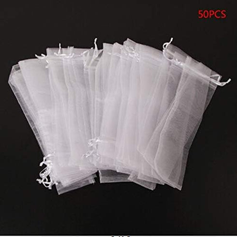 50PCS Drawstring Organza Folding Hand Fan Pouch Party Wedding Favor Bags (White)
