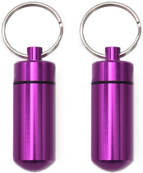 AKOAK 2 Pcs Colorful Round Aluminum Alloy Pill Bottle, Waterproof Outdoor Travel Portable Key Chain, Purple
