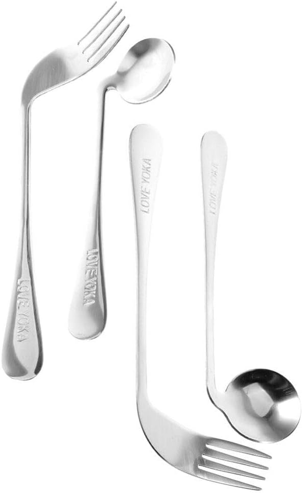 BESTonZON Adaptive Fork and Spoon, Angled Utensils Curved Flatware for Self Feeding, Anti Shake Tableware
