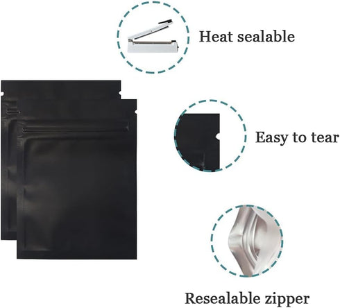 FERENLI 100 Pcs Mylar Zipper Lock Bag - Matte Foil Airtight Food Storage Bags with Front Window (7.5x10cm, Black)
