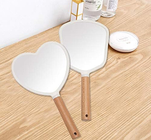 YEAKE Hand Held Mirror with Handle for Makeup, Cute Wood Travel Vanity Mirror for Men & Women (Fanshape)