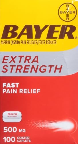 Bayer Extra Strength Aspirin 500 mg, Pain Reliever and Fever Reducer, Powerful Pain Relief of Headache, Muscle Pain, Minor Arthritis Pain, Back Ache, Toothache, and Menstrual Pain, 100 Coated Tablets