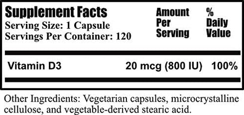 Daily Manufacturing Vitamin D3 800 IU (20 mcg, Non-GMO & Certified Kosher) 120 Vegetarian Capsules