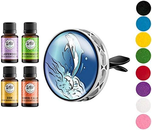 Wild Essentials Dolphin Enamel Aromatherapy Car Vent Diffuser, 8 Color Pads, 100% Pure Essential Oils Gift Set