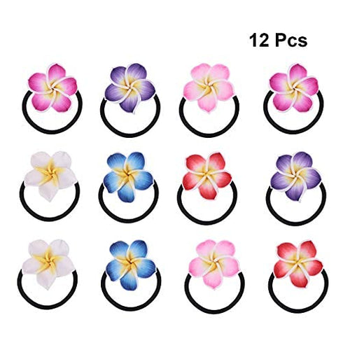 ifundom Hawaiian Flower Hair Ties, 12PCS Plumeria Hair Ring Soft Ceramic Hair Ties Flower Hair Rope Black Rubber Band Flower Hair Bands for Women Girls
