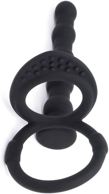 HAOSOAH 2-in-1 5.12 Inch 2.3 oz Dual Cock Ring with Anal Plug, Silicone Design, Length, (Black)