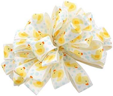 Rubber Duck Satin Craft Ribbon, 1" x 25 Yards, White with Yellow Rubber Duckies for Gifts, Baby Shower, Hair Bows
