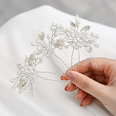 Heread Pearl Bridal Hair Pins Pack of 3 | Leaf Head Piece Flower Hair Accessories for Women and Girls (Silver)