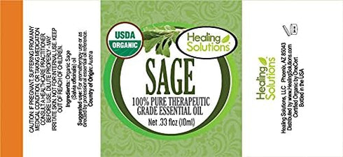 Healing Solutions Organic Sage Essential Oil, Pure & Undiluted 0.33 oz (10ml) for Hair and Aromatherapy