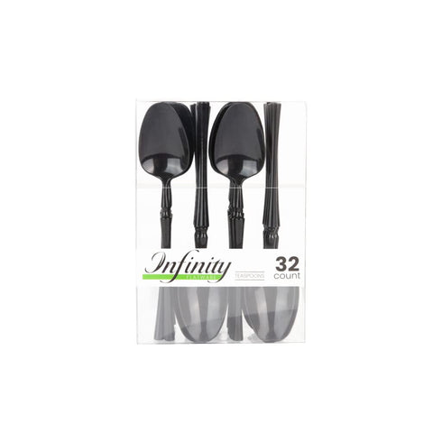 Infinity Flatware Black Disposable Teaspoons - 32 Count | Premium Plastic Cutlery for Special Occasions Posh