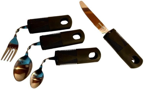 UniGrip Easy Grip Adaptive Utensils, 4-Piece Set for Hand Tremors, Parkinsons, Arthritis, Stroke, Injury, Elderly. Stainless Steel Fork, Knife, Spoon Silverware Set
