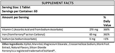 Chewable Iron 65 mg with Vitamin C 270 mg Supplement for Women/Men, 60 Days Supply, Zesty Orange Flavor (60 Count)