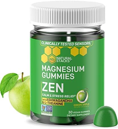 ZEN Magnesium Gummies - Premium Sensoril Ashwagandha Gummies with L-Theanine for Calm & Stress Support (30 Green Apple