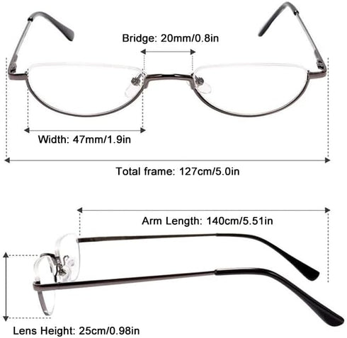 REAVEE 3-Pack Retro Designer Alloy Half Moon Reading Glasses, Stylish Slim Readers with Pouch, Black, Grey, Silver
