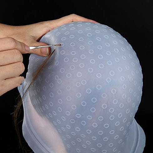 Reusable Silicone Hair Coloring Highlighting Cap, Hair Dyeing Cap with Metal Hook for Hair Salon Tools