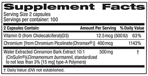 Advanced Strength Cinsulin Cinnamon, Chromium Picolinate, Vitamin D3, 500 Mg, 200 Capsules