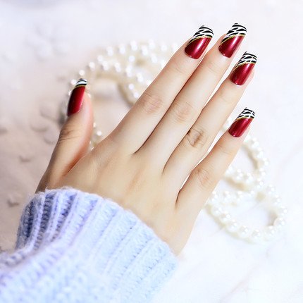 YUNAI 24 PCS Medium Length Full Cover False Nails - French Ellipse Red Wine Oblique Leopard Fake Nails