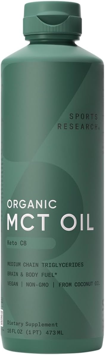 Sports Research Organic MCT Oil - Vegan & Keto C8, Non-GMO, Gluten Free, Flavorless Oil, 16 oz