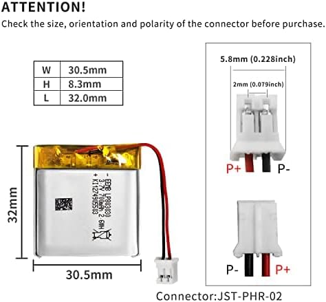 EEMB 3.7V 700mAh 803030 Lipo Lithium Polymer Battery Pack with Wire JST Connector for Speaker and Wireless Device