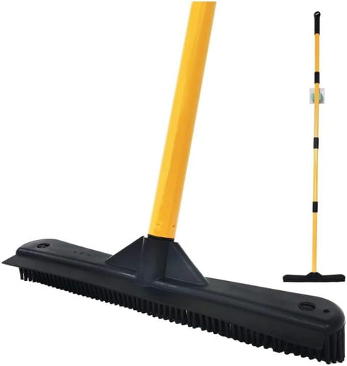 Pet Hair Removal Push Broom with Squeegee, Soft Silicone Bristle, Long Handle, Non-Scratch Carpet Sweeper Brush (Orange)