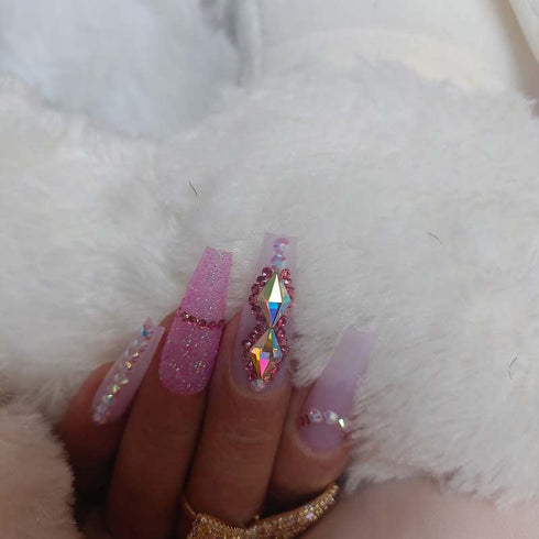 Pink Press On Nails - Luxury Fake Nails with Powder Sequins Art, Acrylic False Tips for Women and Girls