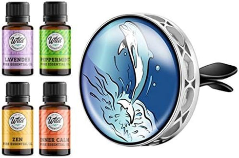 Wild Essentials Dolphin Enamel Aromatherapy Car Vent Diffuser, 8 Color Pads, 100% Pure Essential Oils Gift Set