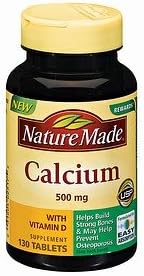 Nature Made Calcium, 500 mg, With Vitamin D, Tablets, 130 Count (Pack of 3)