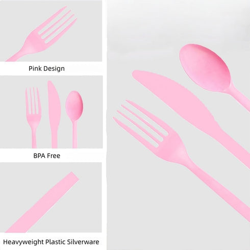 UTXHWL 120 Pack Set, (40 Pink Plastic Silverware Disposable Forks Spoons Knives Each), Heavy Duty Cutlery for Princess