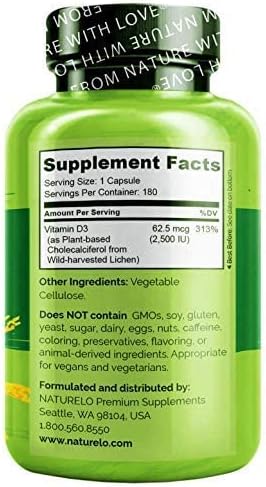 NATURELO Vitamin D3 - Lichen-Powered Immune Boost with 2500 IU for Bone Health, Vegan Gluten-Free, 180 Mini Capsules (2