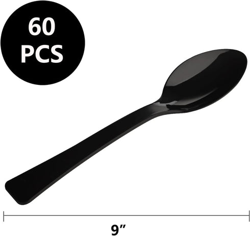 9 Inch Plastic Spoons, Disposable, 60 Count, Heat Resistant, Heavy Duty Bulk Serving Utensils Set, Food Safe Material, BPA Free, Black