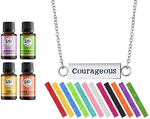 Wild Essentials"Courageous" Essential Oil Diffuser Bar Necklace Gift Set Aromatherapy Pendant, 24"