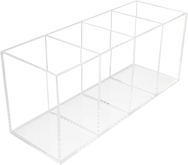 QPEY Acrylic Pen Holder Organizer with 4 Compartments, Clear Makeup Brush Holder for Office Desk Accessories