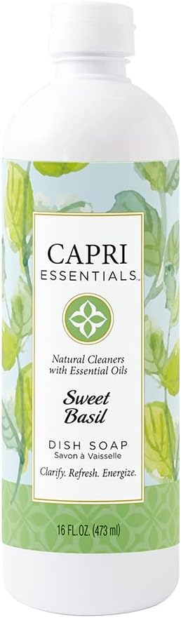 Sweet Basil Natural Dish Soap Liquid with Essential Oils, Plant-Based Cleaning Supplies, 16 oz