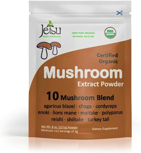 Mushroom Extract Powder - Powerful 10 Blend, Organic Lions Mane, Cordyceps, Reishi, Shiitake, Turkey Tail Mushrooms for