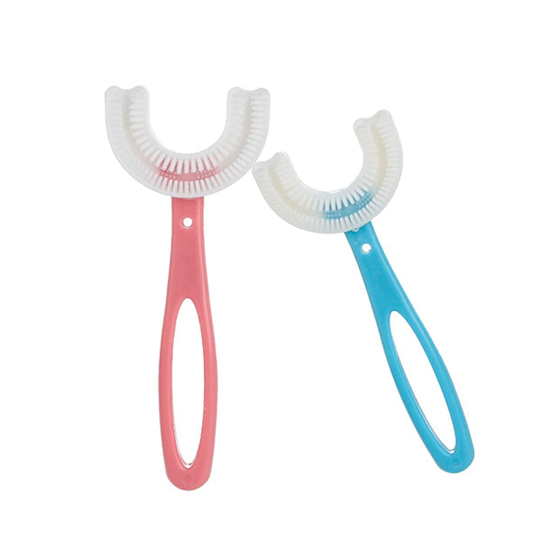 U-Shaped Kids Toothbrush, 2 PCS Soft Manual Training Toothbrush for Kids 6-12 Years (Pink + Blue)