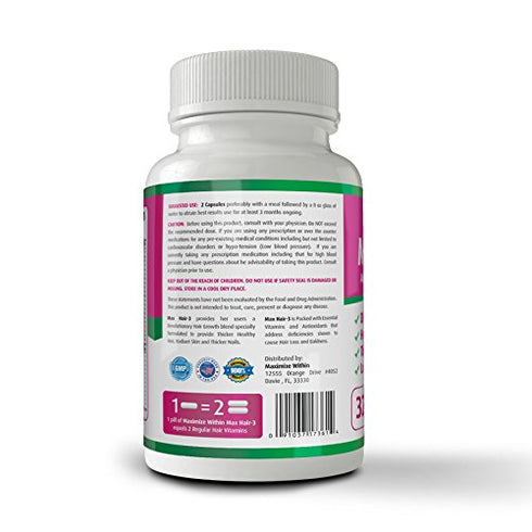 Maximum Slim Max Hair-3 Advanced Hair Growth Formula for Longer, Stronger Hair - Biotin, Keratin, Bamboo