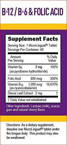 Superior Source No Shot Vitamin B12 Cyanocobalamin (1000 mcg), B6, Folic Acid, Quick Dissolve MicroLingual Tablets, 60 Count, Increase Energy, Healthy Heart, Boost Metabolism, Stress Support, Non-GMO