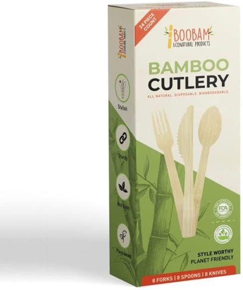 Bamboo Utensils, Natural Disposable Wooden Cutlery for Party, Camping, Picnic, Wedding, 24 Count (8 Spoons, 8 Forks, 8