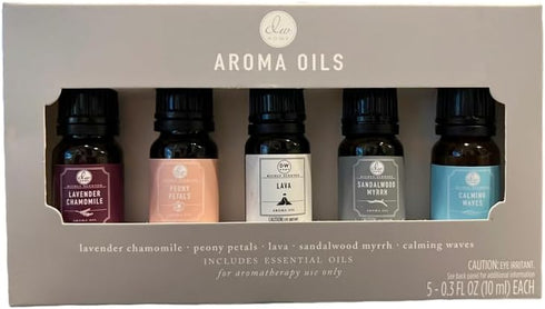 Set, 5 0.3 Oz DW Home Aroma Oils Lavender Chamomile, Peony Petals, Lave, Sandalwood Myrrh and Calming Waves, x Fl