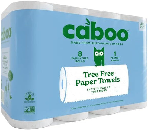 Caboo Tree Free Paper Towels, 8 Rolls, Earth Friendly Sustainable Kitchen Paper Towels with Strong 2 Ply