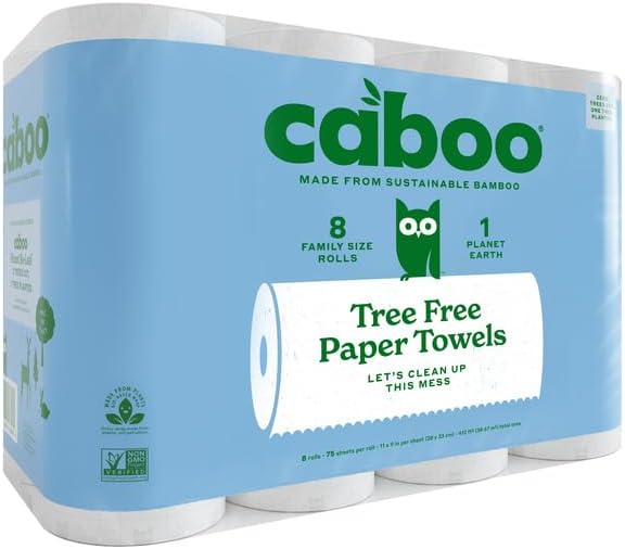 Caboo Tree Free Paper Towels, 8 Rolls, Earth Friendly Sustainable Kitchen Paper Towels with Strong 2 Ply