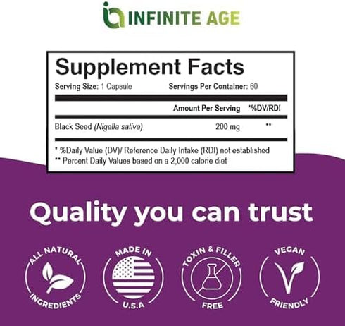 Infinite Age Dry Organic Black Seed Oil Extract Capsules, 60 Count - Nigella Sativa Immune Booster Supplement