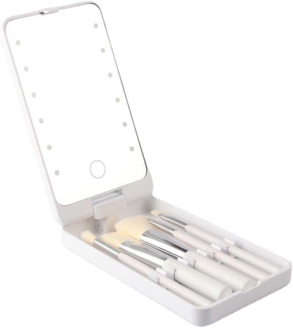Portable Makeup Mirror with 5 Makeup Brushes, Travel Case Storage Box LED Rechargeable Makeup Mirror (White)