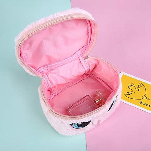 Women Girls Kids Fluffy Faux Fur Unicorn Makeup Bag, Small Cosmetic Organizer Plush Travel Storage Case