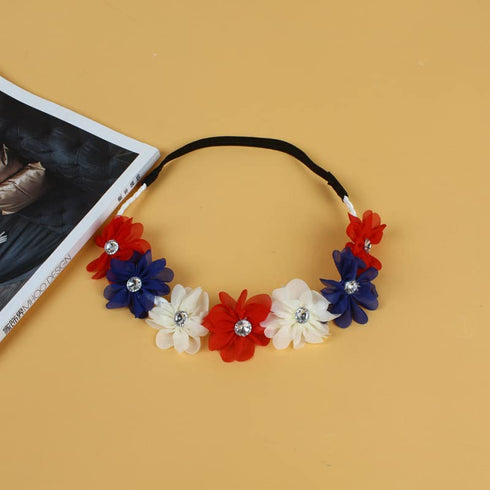 Patriotic Flower Crown Headband, Independence Day Floral Hair Band JHN39 (Blue Red White)