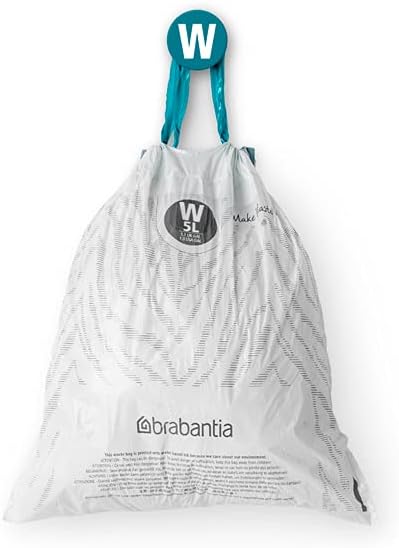 Brabantia PerfectFit Trash Bags, Size W/1.3 Gal, Thick Plastic Liners with Drawstring Handles, 40 Bags