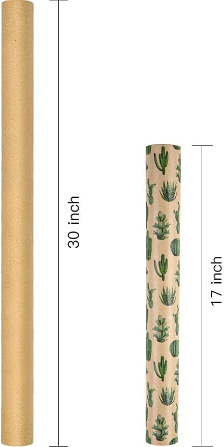RUSPEPA Kraft Wrapping Paper Roll, Mini Roll, Cactus Design for All Occasions, 17 Inches X 32.8 Feet
