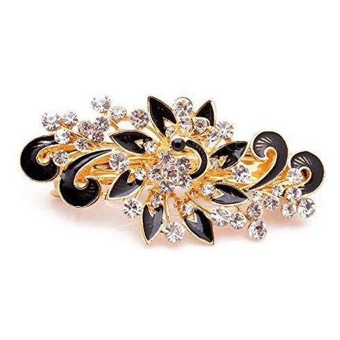 Women's Multilayered Peacock Shaped Rhinestone French Barrette Hair Clip, Black